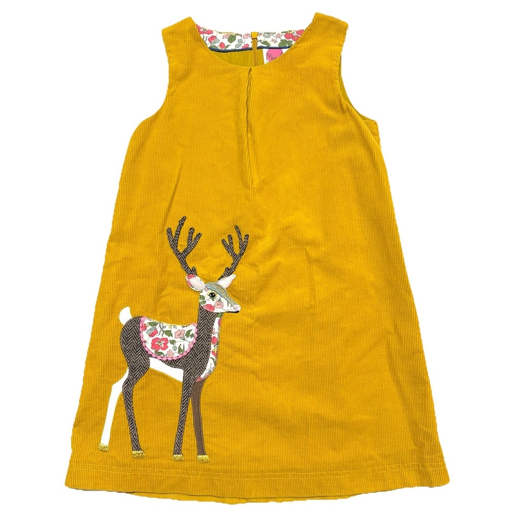 Mini Boden Dress Corduroy Pinafore Applique Deer Mustard‎ Yellow Girls 7-8 Years